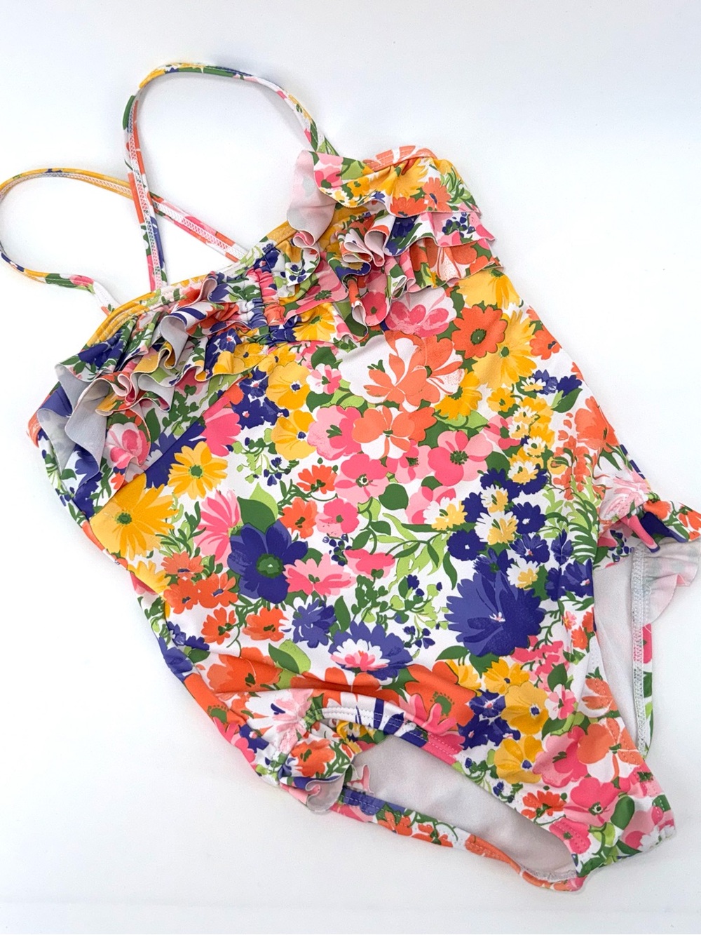 Janie and Jack Girls Floral Ruffle One-Piece Swimsuit - Pink, Yellow & Blue